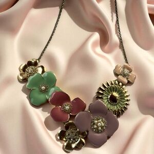 Pastel Bold Large Floral Statement Necklace in Pink, Green, and Gold